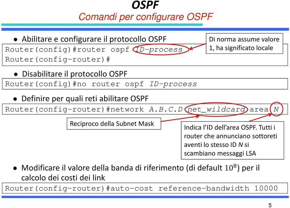 D net_wildcard area N Reciproco della Subnet Mask Di norma assume valore 1, ha significato locale Indica l ID dell area OSPF.