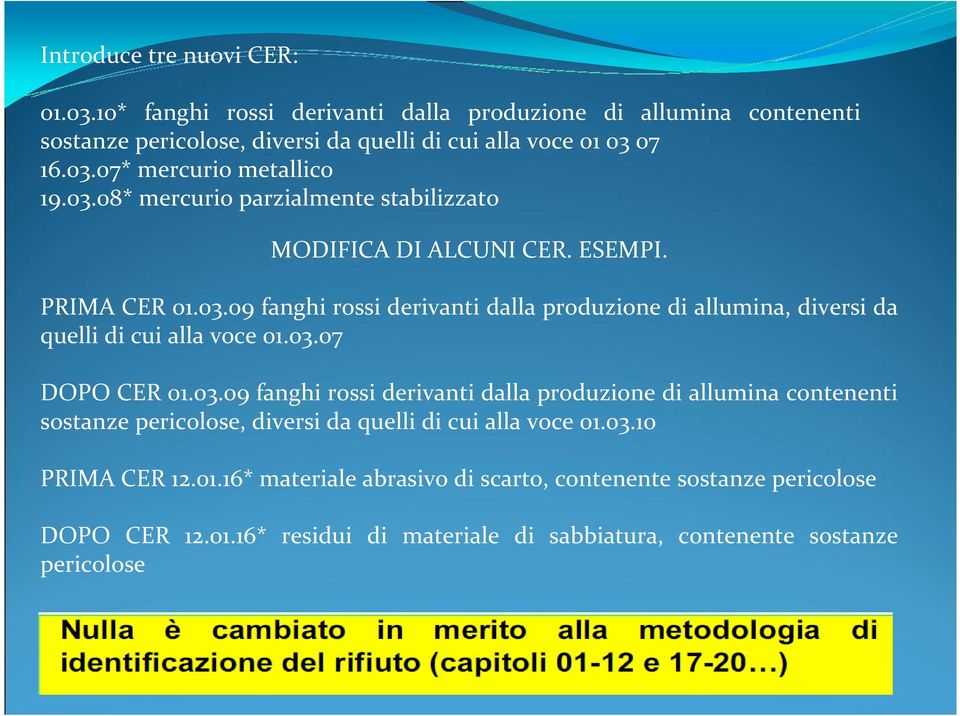 03.07 DOPO CER 01.03.09 fanghi rossi derivanti dalla produzione di allumina contenenti sostanze pericolose, diversi da quelli di cui alla voce 01.03.10 PRIMA CER 12.01.16* materiale abrasivo di scarto, contenente sostanze pericolose DOPO CER 12.