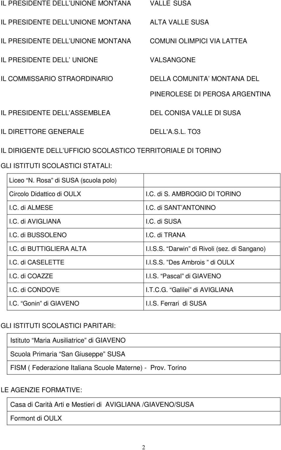 Rosa di SUSA (scuola polo) Circolo Didattico di OULX I.C. di ALMESE I.C. di AVIGLIANA I.C. di BUSSOLENO I.C. di BUTTIGLIERA ALTA I.C. di CASELETTE I.C. di COAZZE I.C. di CONDOVE I.C. Gonin di GIAVENO I.