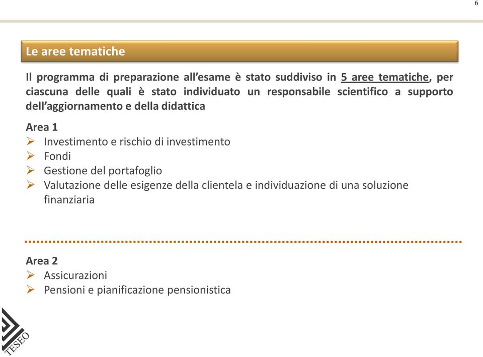 Area 1 Investimento e rischio di investimento Fondi Gestione del portafoglio Valutazione delle esigenze della