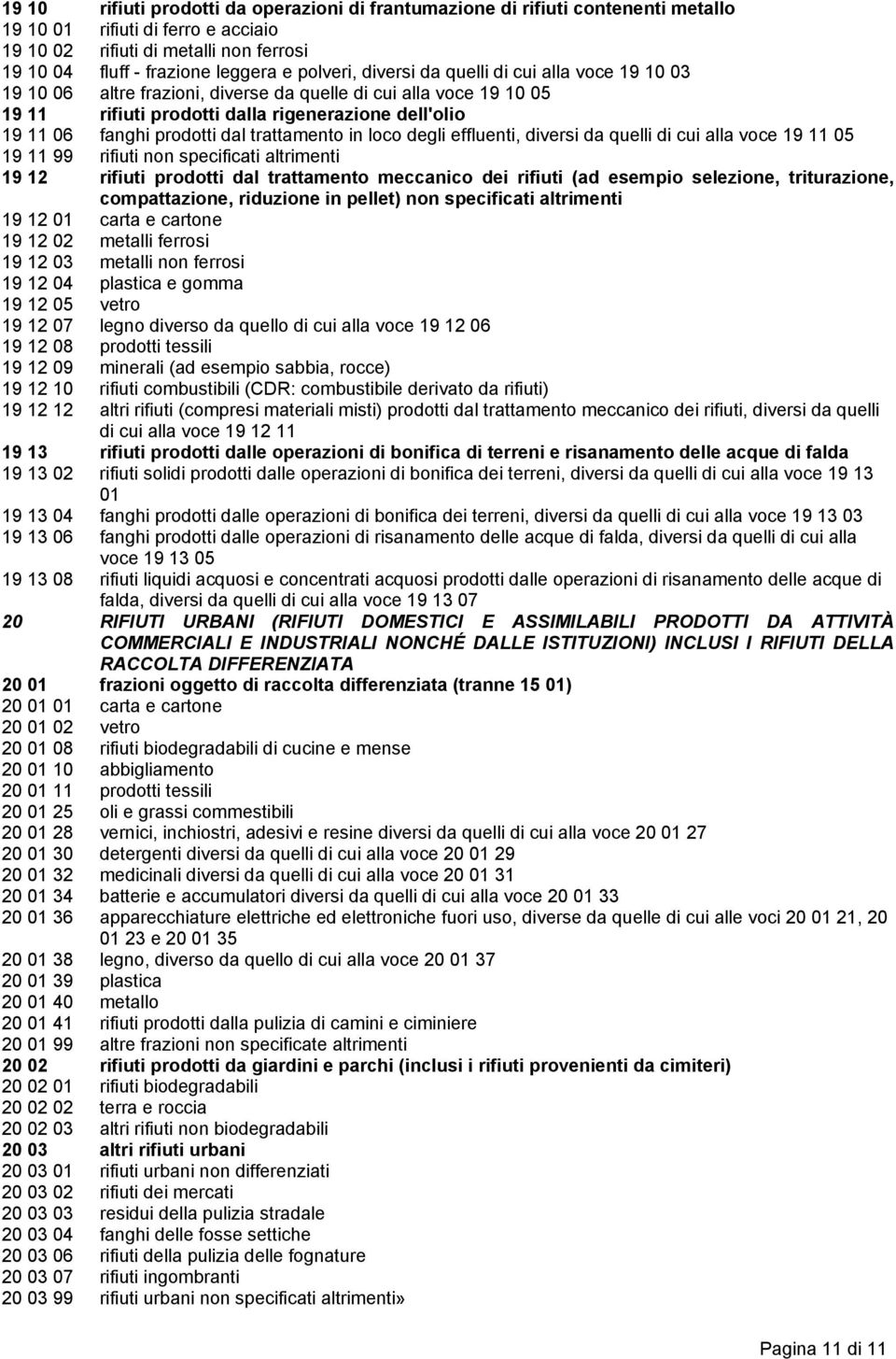 dal trattamento in loco degli effluenti, diversi da quelli di cui alla voce 19 11 05 19 11 99 rifiuti non specificati altrimenti 19 12 rifiuti prodotti dal trattamento meccanico dei rifiuti (ad