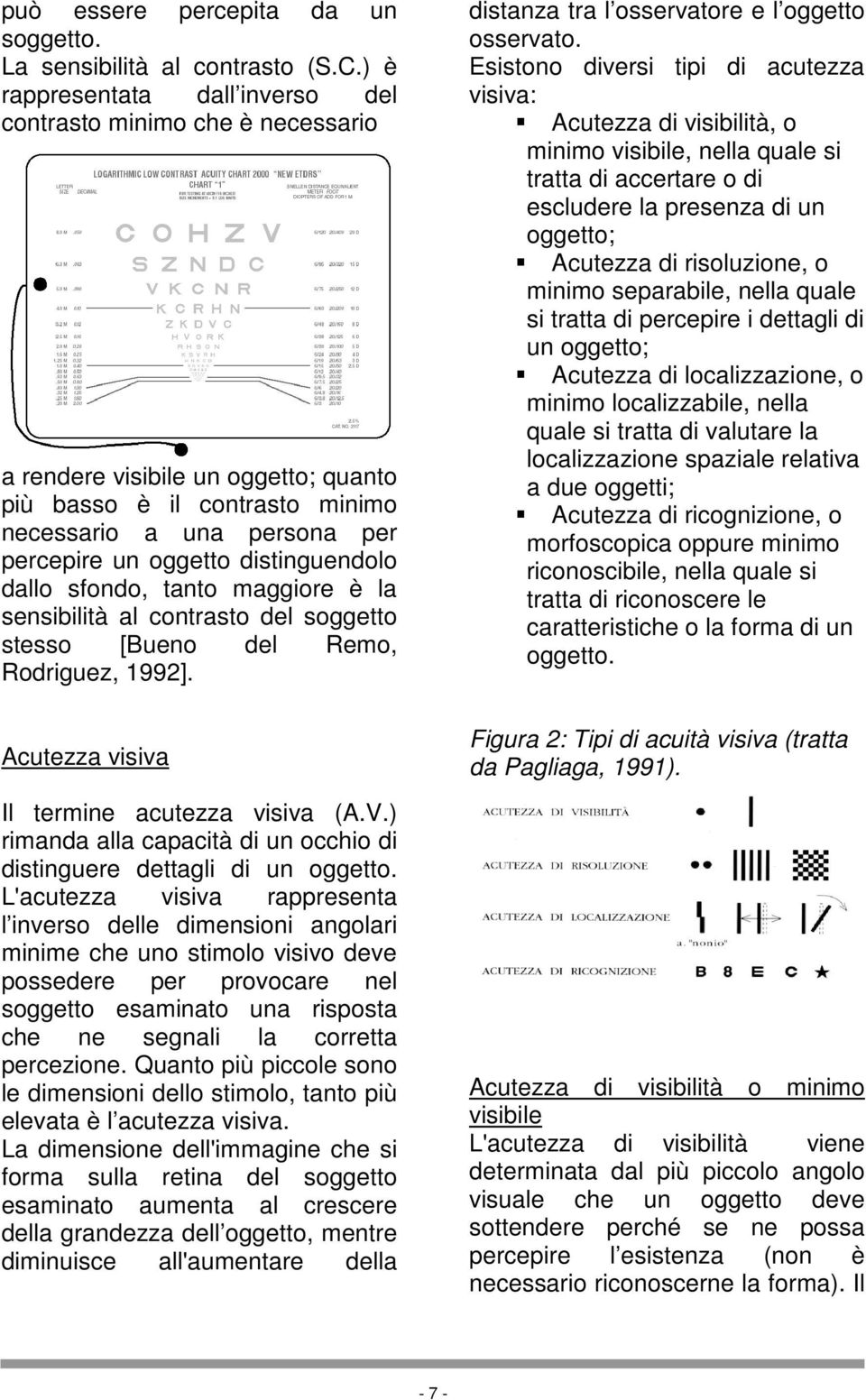 distinguendolo dallo sfondo, tanto maggiore è la sensibilità al contrasto del soggetto stesso [Bueno del Remo, Rodriguez, 1992]. Acutezza visiva Il termine acutezza visiva (A.V.