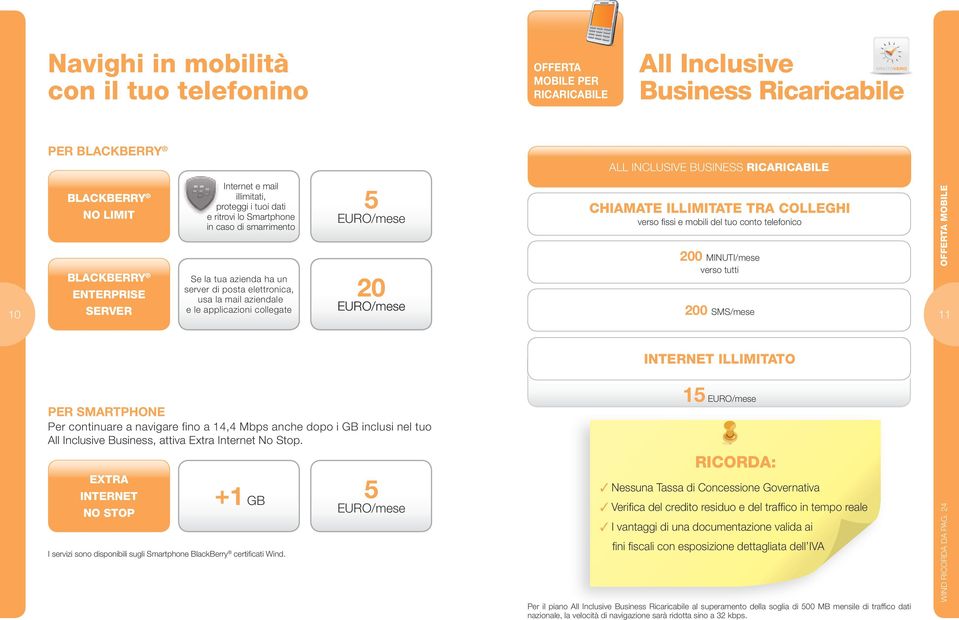 Blackberry Se la tua azienda ha un server di posta elettronica, ENTERPRISE 20 usa la mail aziendale 10 SERVER e le applicazioni collegate 200 SMS/mese 11 OFFERTa MOBILe internet illimitato PER