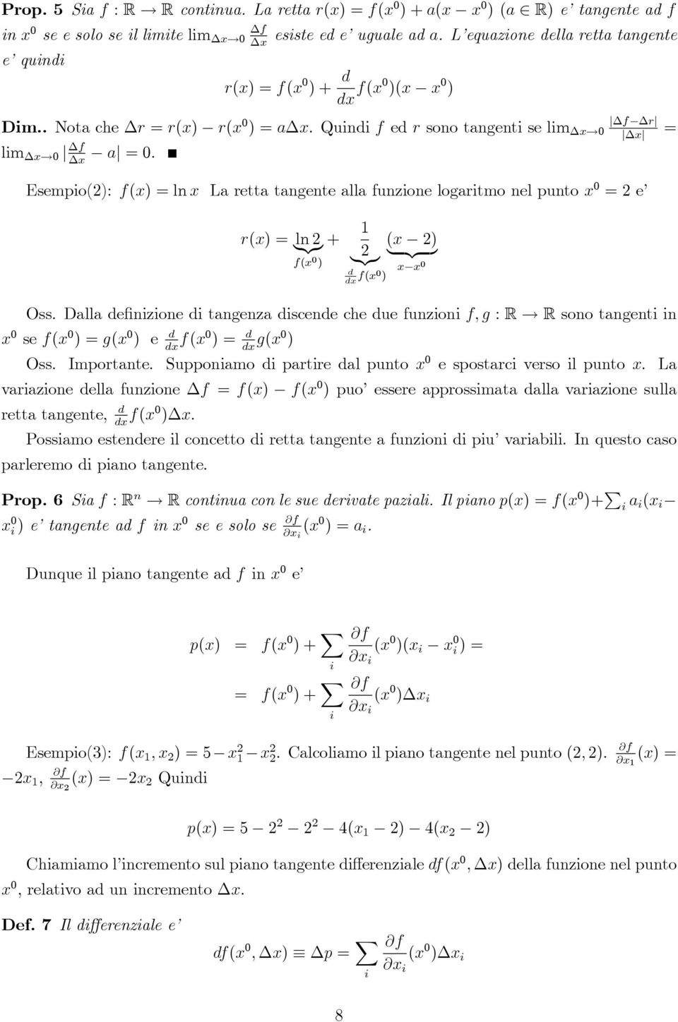 Esempio(): f() = ln La retta tangente alla funzione logaritmo nel punto = e r() = {z} ln + f( ) {z} d d f( ) ( ) {z } Oss. Dalla de nizione di tangenza discende che due funzioni f; g : R!