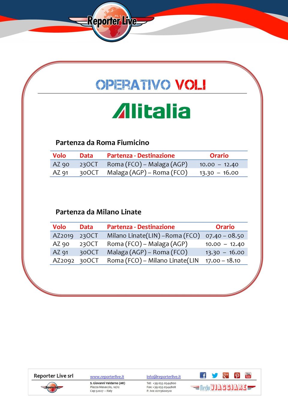 00 Partenza da Milano Linate Volo Data Partenza - Destinazione Orario AZ2019 23OCT Milano Linate(LIN) Roma (FCO)