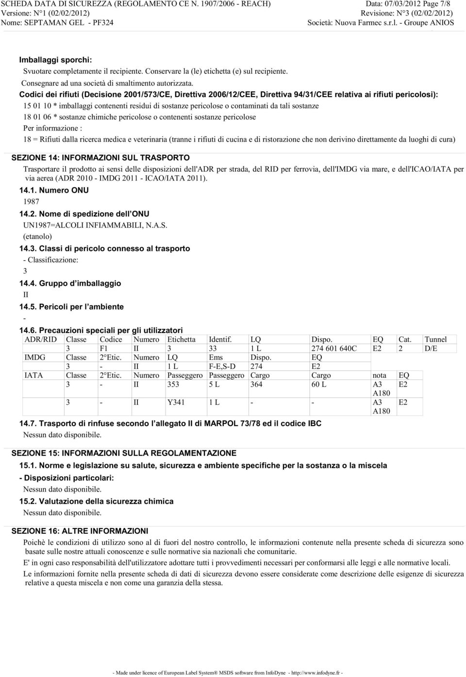 Groupe ANIOS Nome: SEPTAMAN GEL PF ESSAI3 Società: Nuova Farmec s.r.l. Groupe ANIOS Imballaggi sporchi: Svuotare completamente il recipiente. Conservare la (le) etichetta (e) sul recipiente.