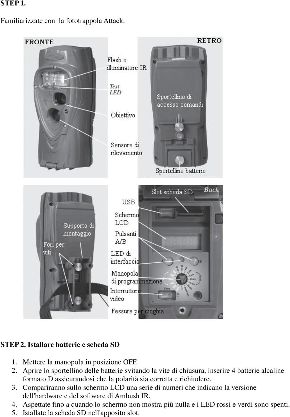 Aprire lo sportellino delle batterie svitando la vite di chiusura, inserire 4 batterie alcaline formato D assicurandosi che la polarità sia