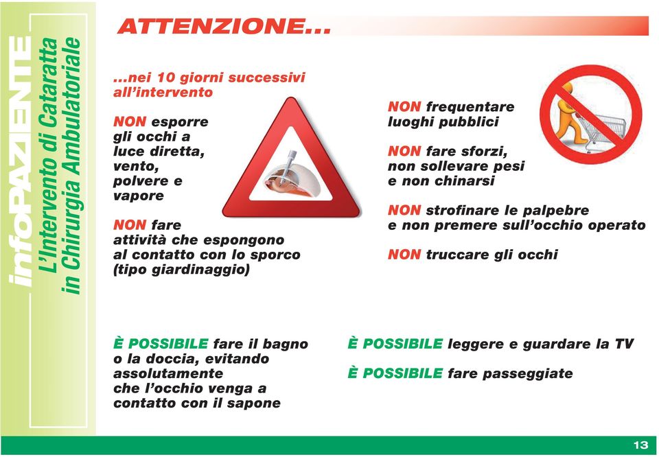 espongono al contatto con lo sporco (tipo giardinaggio) NON frequentare luoghi pubblici NON fare sforzi, non sollevare pesi e non