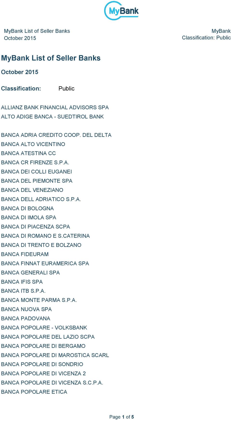 CATERINA BANCA DI TRENTO E BOLZANO BANCA FIDEURAM BANCA FINNAT EURAMERICA SPA BANCA GENERALI SPA BANCA IFIS SPA BANCA ITB S.P.A. BANCA MONTE PARMA S.P.A. BANCA NUOVA SPA BANCA PADOVANA BANCA POPOLARE