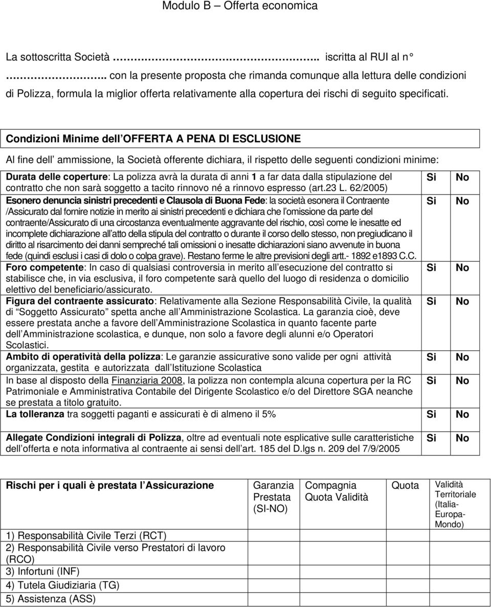 Condizioni Minime dell OFFERTA A PENA DI ESCLUSIONE Al fine dell ammissione, la Società offerente dichiara, il rispetto delle seguenti condizioni minime: Durata delle coperture: La polizza avrà la