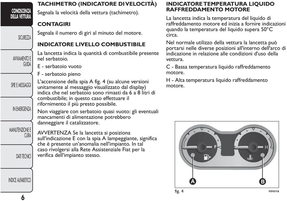 4 (su alcune versioni unitamente al messaggio visualizzato dal display) indica che nel serbatoio sono rimasti da 6a8litri di combustibile; in questo caso effettuare il rifornimento il più presto