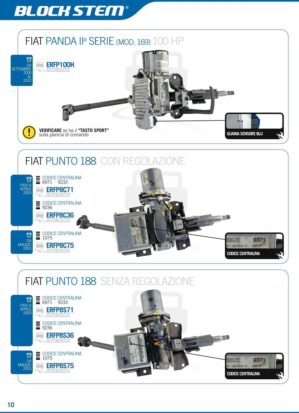 PUNTO 188 CON REGOLAZIONE FINO A APRILE 2003 CODICE CENTRALINA 6971 9232 ERFP8C71 CODICE CENTRALINA 9236 ERFP8C36 MAGGIO 2003