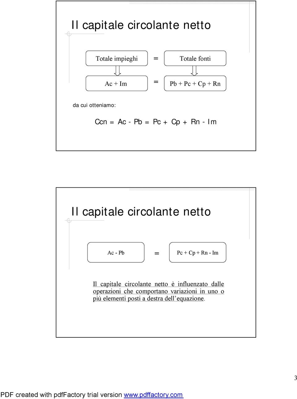 netto Ac-Pb = Pc+ Cp+ Rn -Im Il capitale circolante netto è influenzato dalle