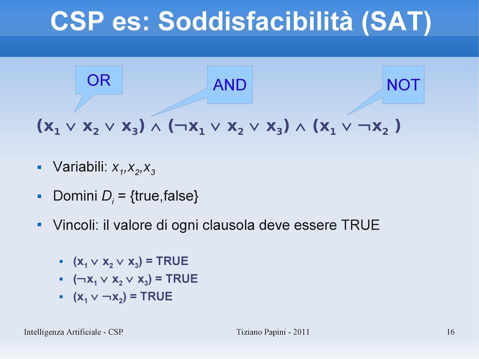 di ogni clausola deve essere TRUE (x 1 x 2 x 3 ) = TRUE ( x 1 x 2 x 3 ) =