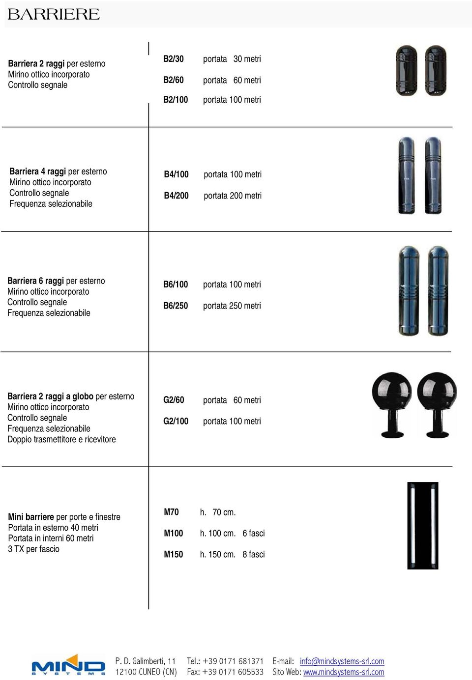 selezionabile B6/100 portata 100 metri B6/250 portata 250 metri Barriera 2 raggi a globo per esterno Mirino ottico incorporato Controllo segnale Frequenza selezionabile Doppio trasmettitore e