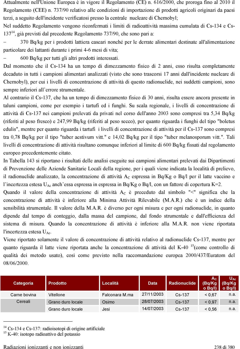 vengono riconfermati i limiti di radioattività massima cumulata di Cs-134 e Cs- 137 14, già previsti dal precedente Regolamento 737/90, che sono pari a: 370 Bq/kg per i prodotti lattiera caseari