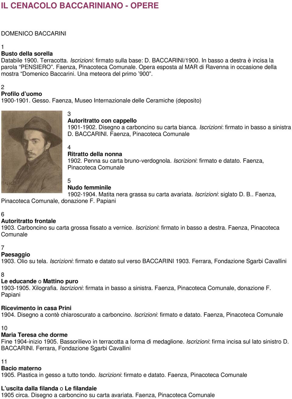 Faenza, Museo Internazionale delle Ceramiche (deposito) 3 Autoritratto con cappello 1901-1902. Disegno a carboncino su carta bianca. Iscrizioni: firmato in basso a sinistra D. BACCARINI.