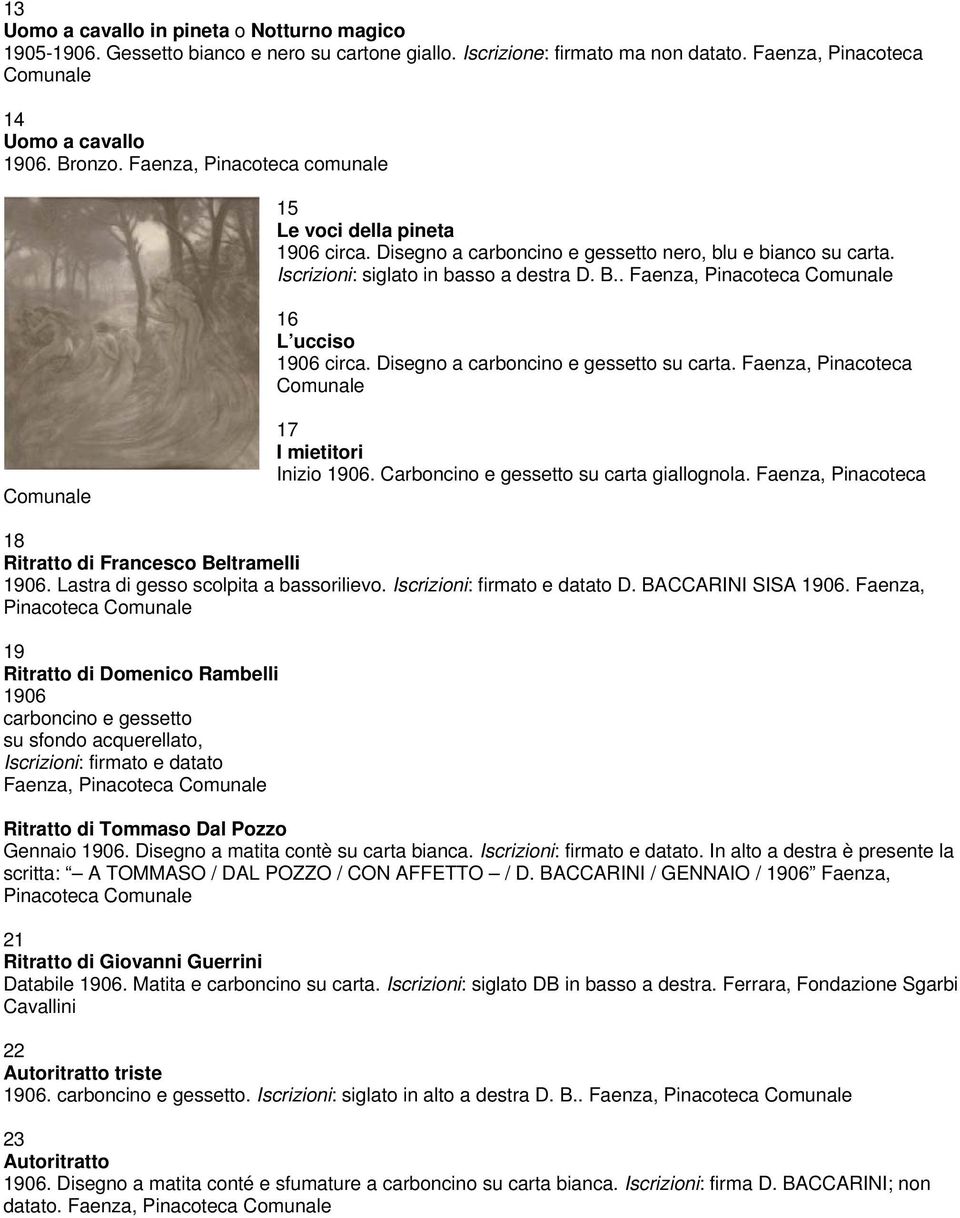 . Faenza, Pinacoteca Comunale 16 L ucciso 1906 circa. Disegno a carboncino e gessetto su carta. Faenza, Pinacoteca Comunale Comunale 17 I mietitori Inizio 1906.