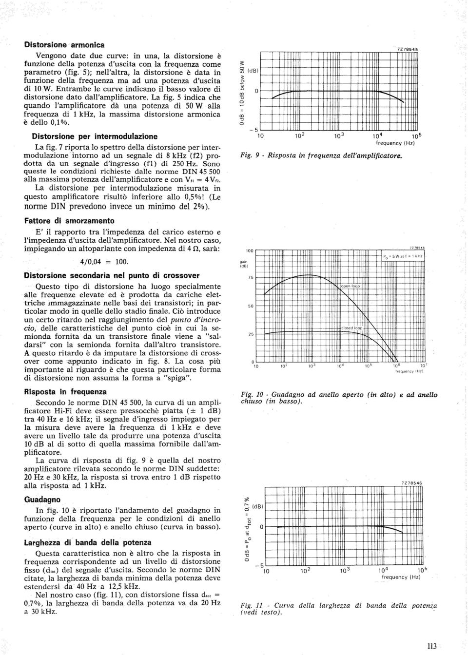 5 indica che quando l'amplificatore dà una potenza di 50 W alla frequenza di 1 khz, la massima distorsione armonica è dello 0,1%. Distorsione per intermodulazione La fig.