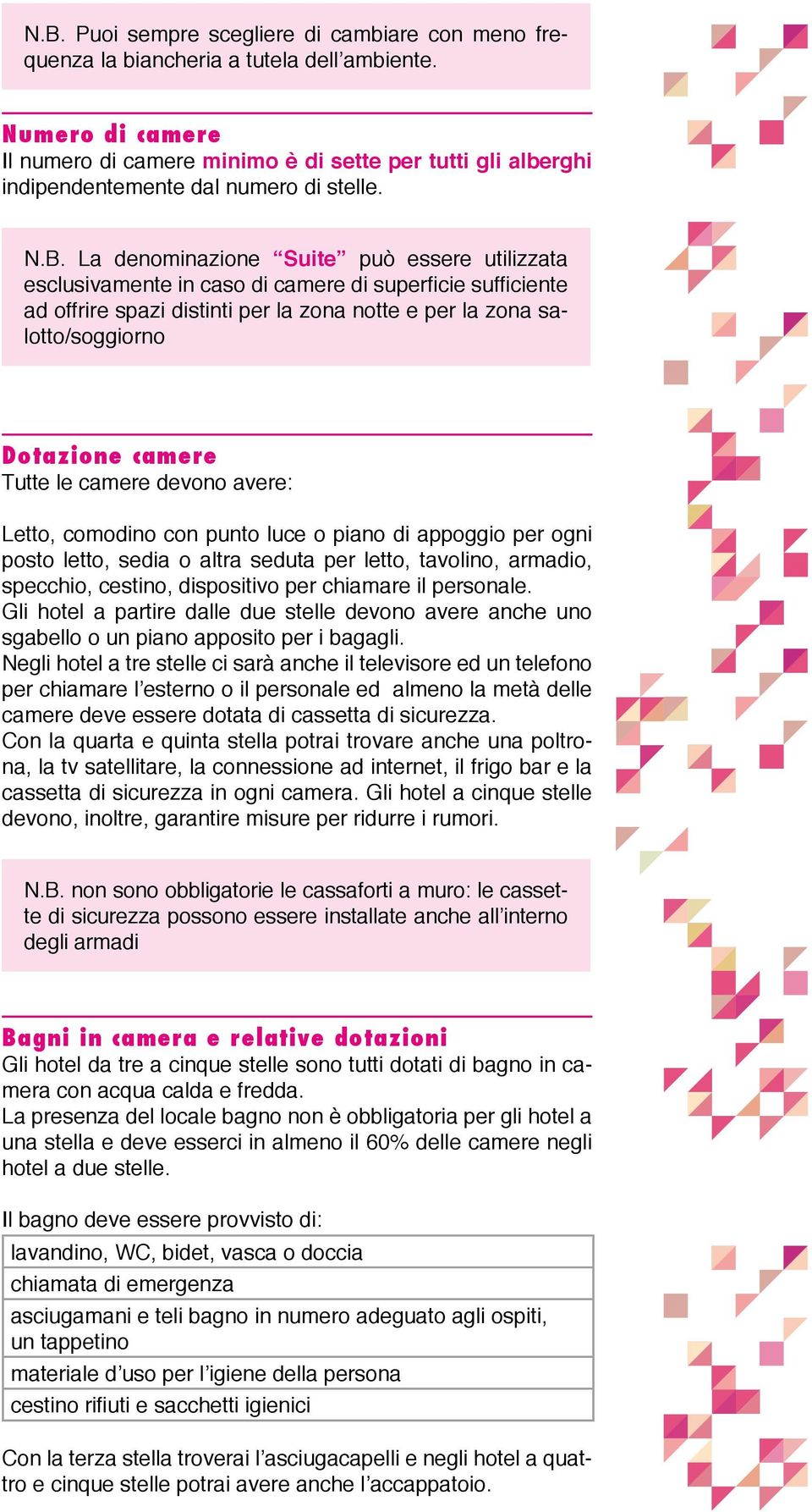 La denominazione Suite può essere utilizzata esclusivamente in caso di camere di superficie sufficiente ad offrire spazi distinti per la zona notte e per la zona salotto/soggiorno Dotazione camere