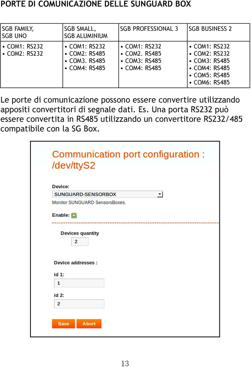 RS485 COM3: RS485 COM4: RS485 COM1: RS232 COM2: RS232 COM3: RS485 COM4: RS485 COM5: RS485 COM6: RS485 Le porte di comunicazione