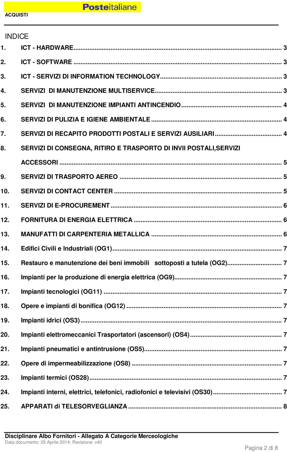 SERVIZI DI TRASPORTO AEREO... 5 10. SERVIZI DI CONTACT CENTER... 5 11. SERVIZI DI E-PROCUREMENT... 6 12. FORNITURA DI ENERGIA ELETTRICA... 6 13. MANUFATTI DI CARPENTERIA METALLICA... 6 14.