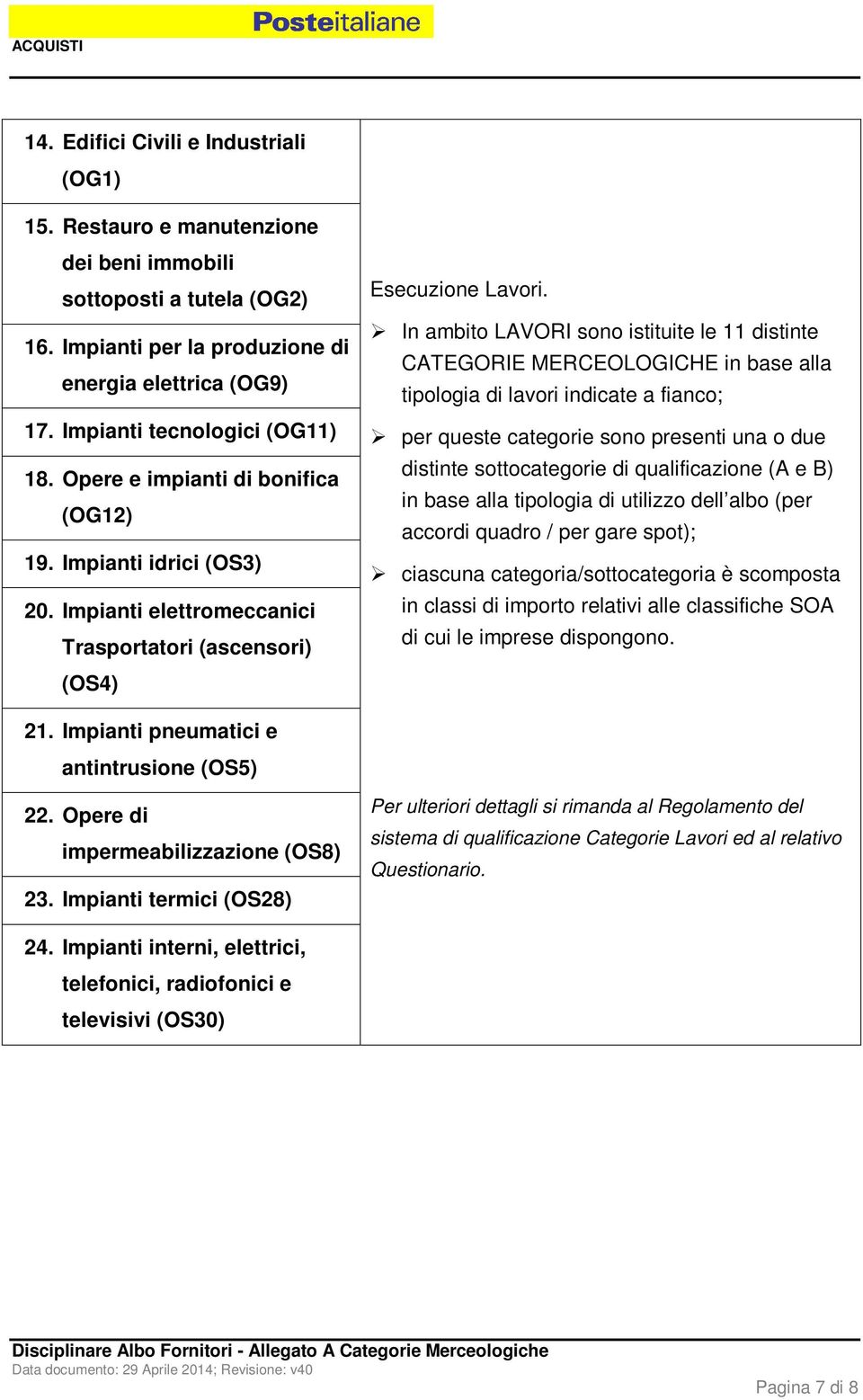 In ambito LAVORI sono istituite le 11 distinte CATEGORIE MERCEOLOGICHE in base alla tipologia di lavori indicate a fianco; per queste categorie sono presenti una o due distinte sottocategorie di