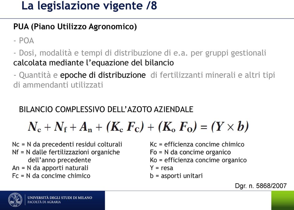 COMPLESSIVO DELL AZOTO AZIENDALE Nc = N da precedenti residui colturali Nf = N dalle fertilizzazioni organiche dell anno precedente An = N da apporti