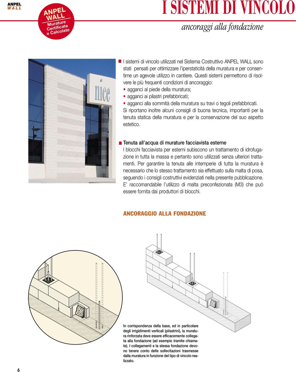 Questi sistemi permettono di risolvere le più frequenti condizioni di ancoraggio: agganci al piede della muratura; agganci ai pilastri prefabbricati; agganci alla sommità della muratura su travi o