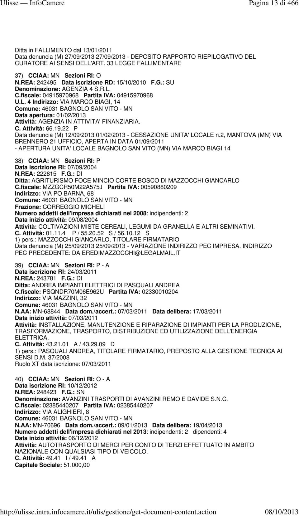 C. Attività: 66.19.22 P Data denuncia (M) 12/09/2013 01/02/2013 - CESSAZIONE UNITA' LOCALE n.