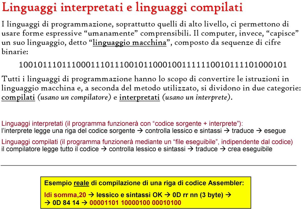 programmazione hanno lo scopo di convertire le istruzioni in linguaggio macchina e, a seconda del metodo utilizzato, si dividono in due categorie: compilati (usano un compilatore) e interpretati