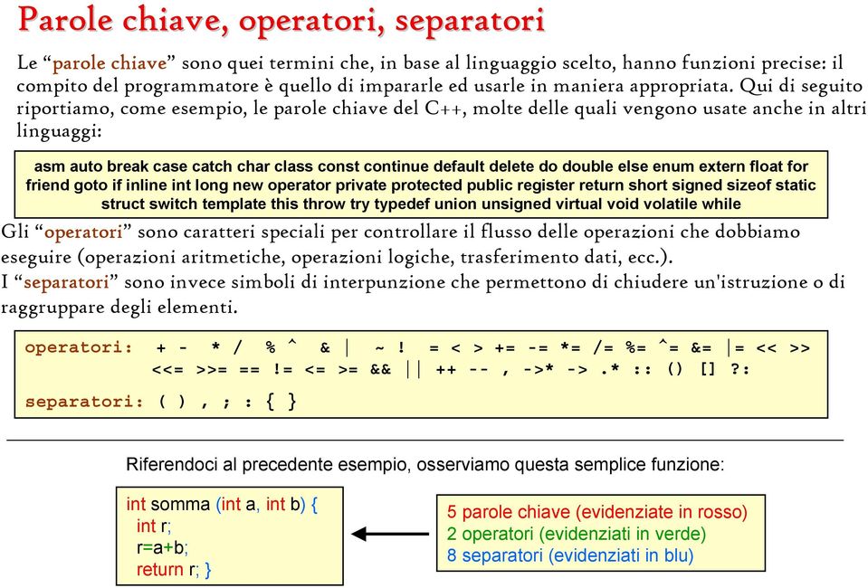 Qui di seguito riportiamo, come esempio, le parole chiave del C++, molte delle quali vengono usate anche in altri linguaggi: asm auto break case catch char class const continue default delete do