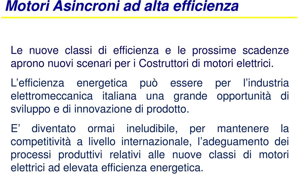 L efficienza energetica può essere per l industria elettromeccanica italiana una grande opportunità di sviluppo e di