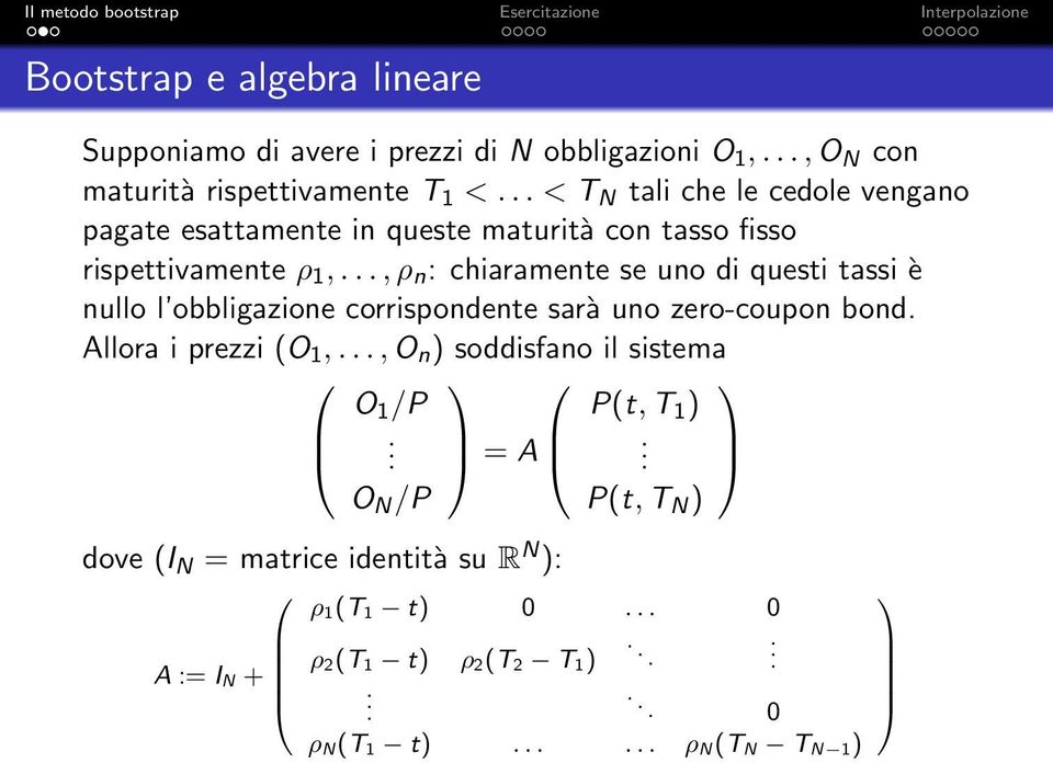 .., ρ n : chiaramente se uno di questi tassi è nullo l obbligazione corrispondente sarà uno zero-coupon bond. Allora i prezzi (O 1,.