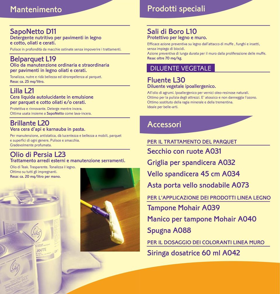 Lilla L21 Cera liquida autolucidante in emulsione per parquet e cotto oliati e/o cerati. Protettiva e rinnovante. Deterge mentre incera. Ottima usata insieme a SapoNetto come lava-incera.
