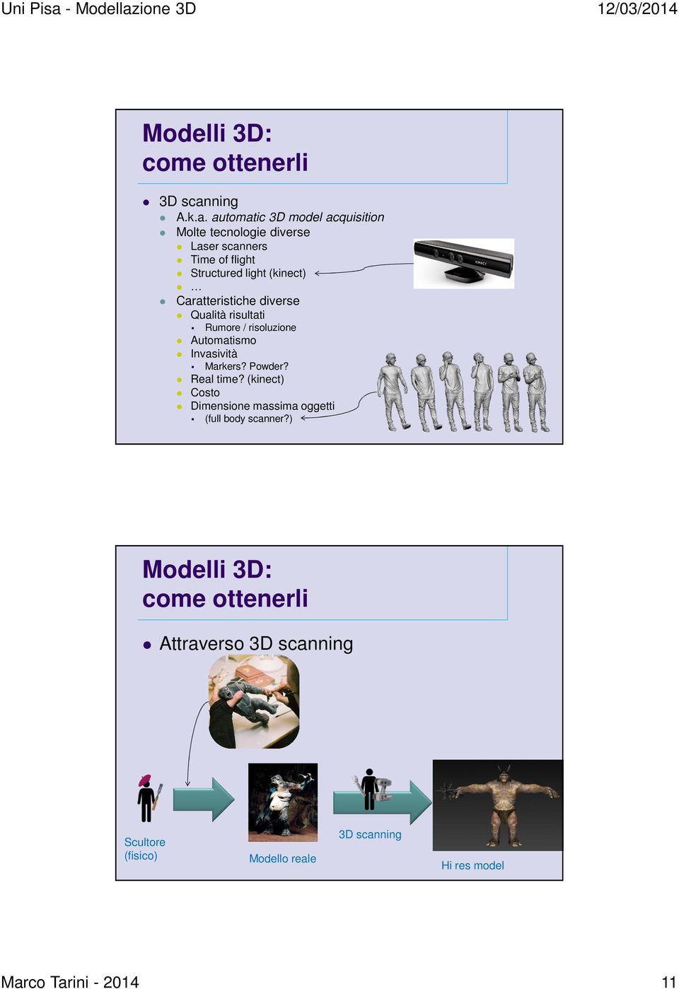 automatic 3D model acquisition Molte tecnologie diverse Laser scanners Time of flight Structured light