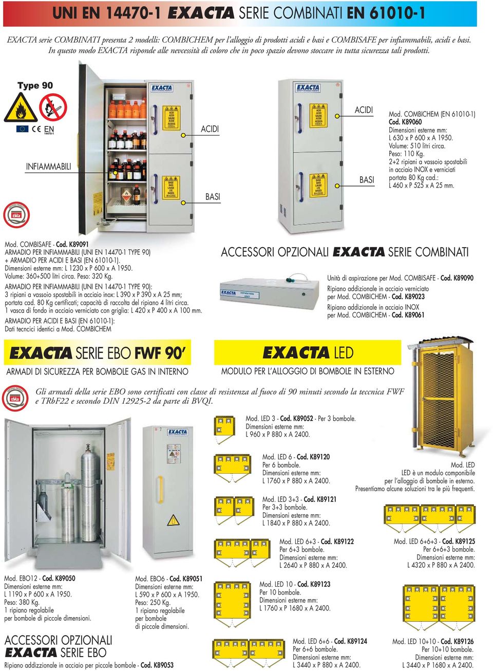 K89060 L 630 x P 600 x A 1950. Volume: 510 litri circa. Peso: 110 Kg. 2+2 ripiani a vassoio spostabili in acciaio INOX e verniciati portata 80 Kg cad.: L 460 x P 525 x A 25 mm. Mod. COMBISAFE - Cod.