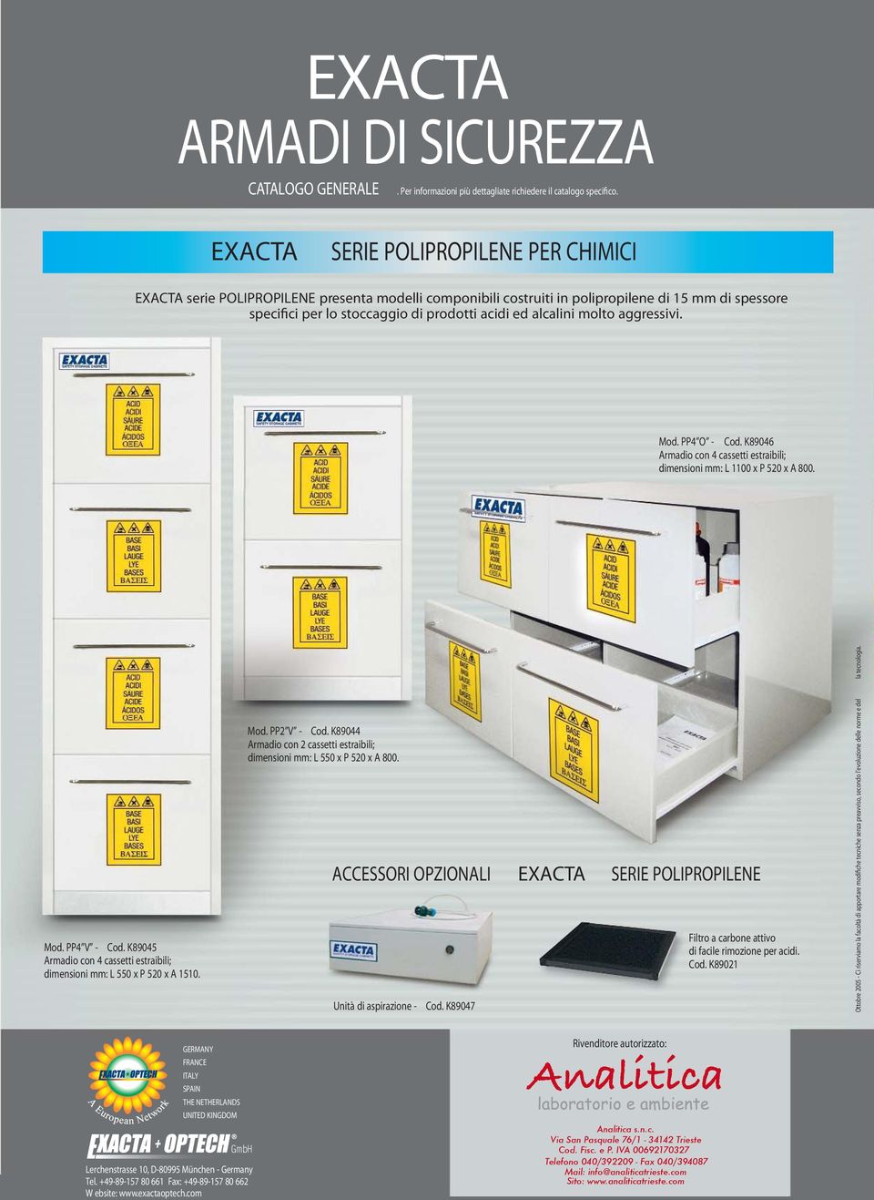 alcalini molto aggressivi. Mod. PP4 O - Cod. K89046 Armadio con 4 cassetti estraibili; dimensioni mm: L 1100 x P 520 x A 800. Mod. PP4 V - Cod.