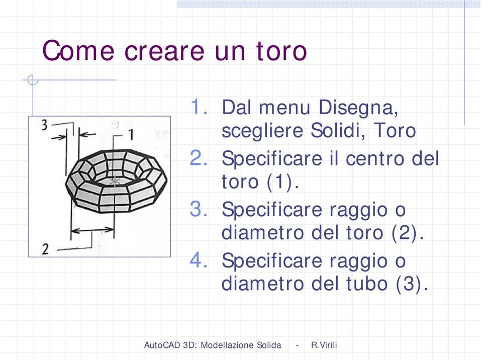 Specificare il centro del toro (1). 3.