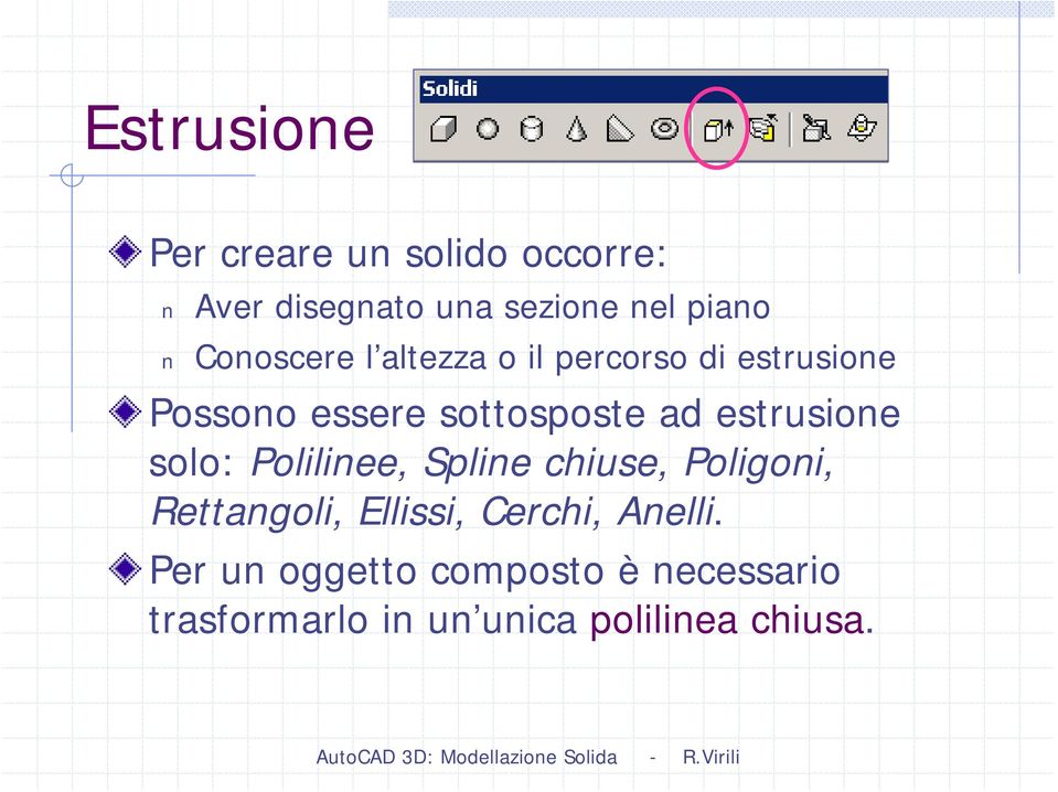 estrusione solo: Polilinee, Spline chiuse, Poligoni, Rettangoli, Ellissi, Cerchi,