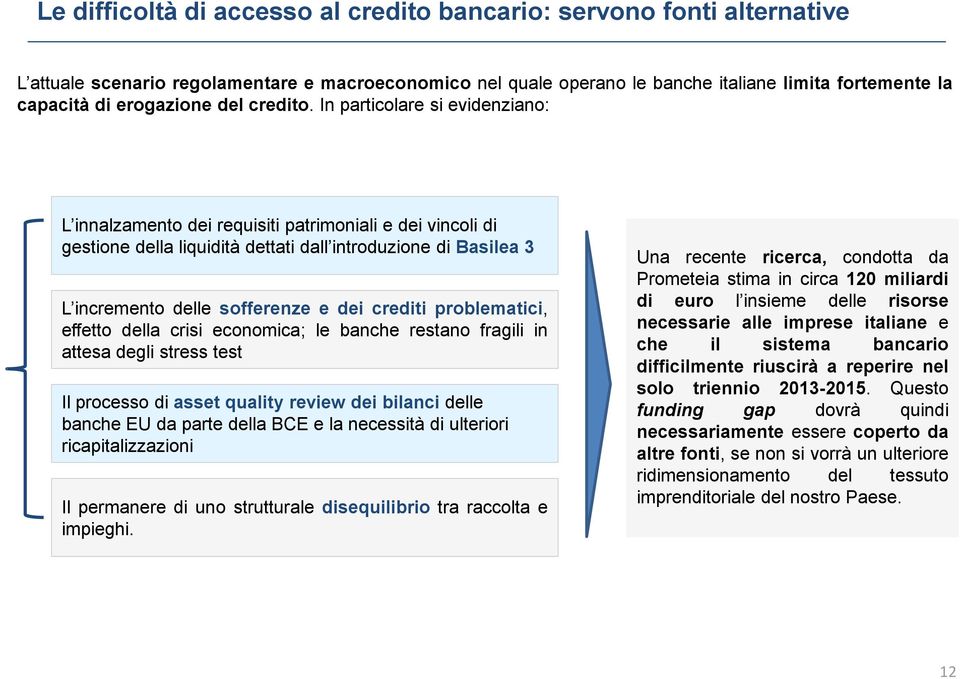 In particolare si evidenziano: L innalzamento dei requisiti patrimoniali e dei vincoli di gestione della liquidità dettati dall introduzione di Basilea 3 L incremento delle sofferenze e dei crediti