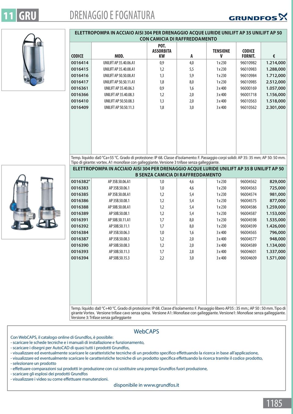 A1 1,8 8,0 1 x 230 96010985 2.512,000 0016361 UNILIFT AP 35.40.06.3 0,9 1,6 3 x 400 96000169 1.057,000 0016366 UNILIFT AP 35.40.08.3 1,2 2,0 3 x 400 96001718 1.156,000 0016410 UNILIFT AP 50.50.08.3 1,3 2,0 3 x 400 96010563 1.