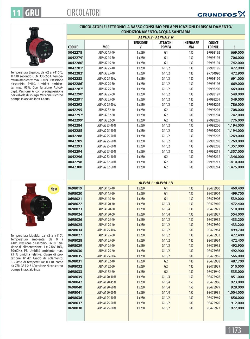 4308 Circolatori Elettronici A Basso Consumo Per Applicazioni Di Riscaldamento/ Condizionamento/Acqua Sanitaria alpha 2 - alpha 2 n pompa Interasse mm 0042278 ALPHA2 15-40 1 x 230 G 1 130 97993192