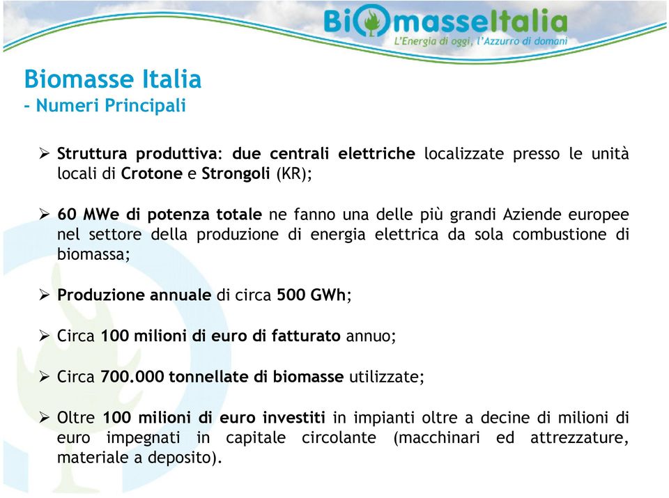 biomassa; Produzione annuale di circa 500 GWh; Circa 100 milioni di euro di fatturato annuo; Circa 700.