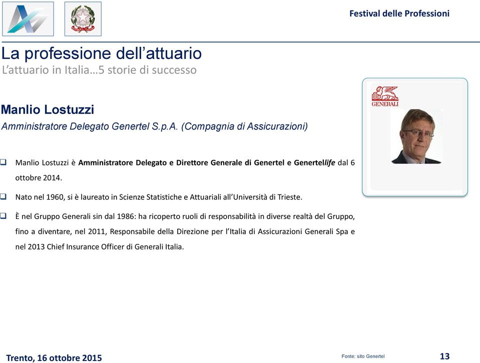 (Compagnia di Assicurazioni) Manlio Lostuzzi è Amministratore Delegato e Direttore Generale di Genertel e Genertellife dal 6 ottobre 2014.