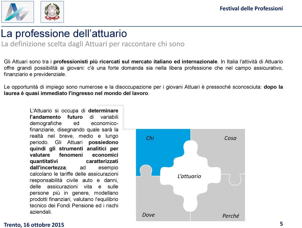 Le opportunità di impiego sono numerose e la disoccupazione per i giovani Attuari è pressoché sconosciuta: dopo la laurea è quasi immediato l'ingresso nel mondo del lavoro.