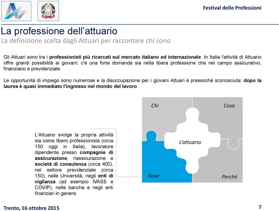 Le opportunità di impiego sono numerose e la disoccupazione per i giovani Attuari è pressoché sconosciuta: dopo la laurea è quasi immediato l'ingresso nel mondo del lavoro.