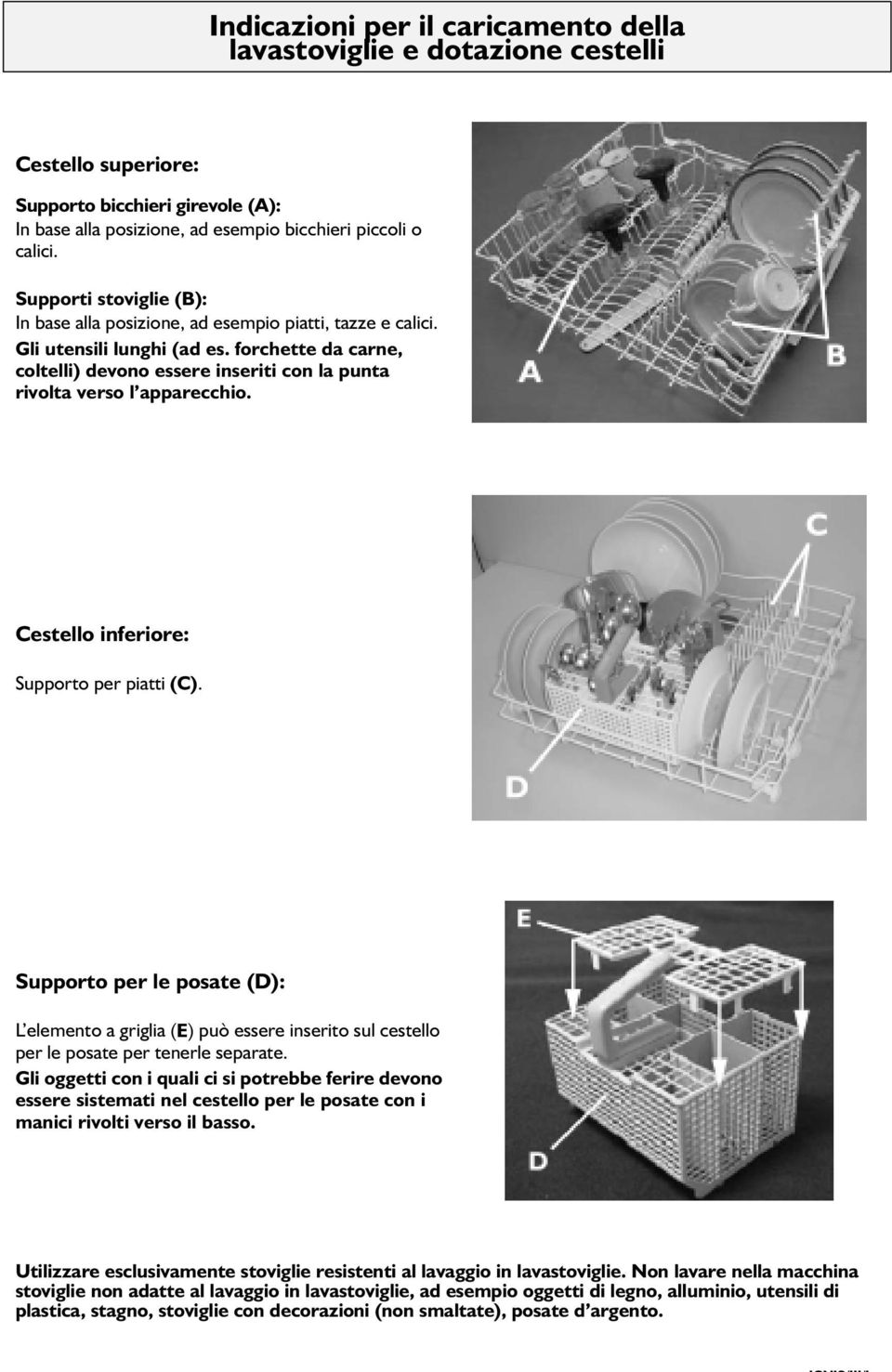 forchette da carne, coltelli) devono essere inseriti con la punta rivolta verso l apparecchio. Cestello inferiore: Supporto per piatti (C).