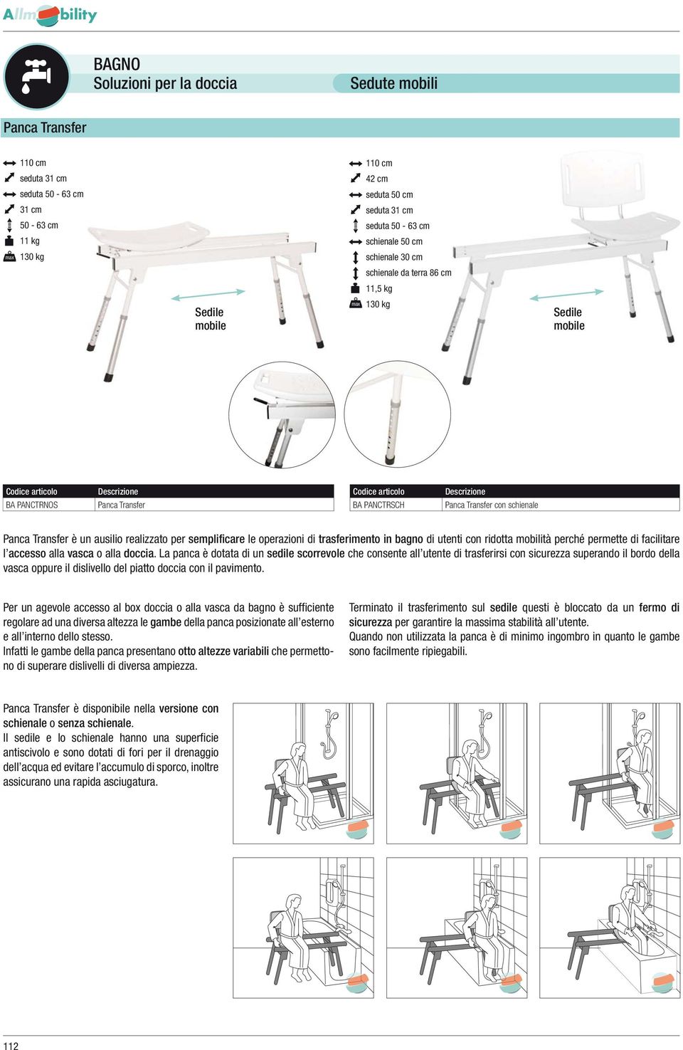 le operazioni di trasferimento in bagno di utenti con ridotta mobilità perché permette di facilitare l accesso alla vasca o alla doccia.