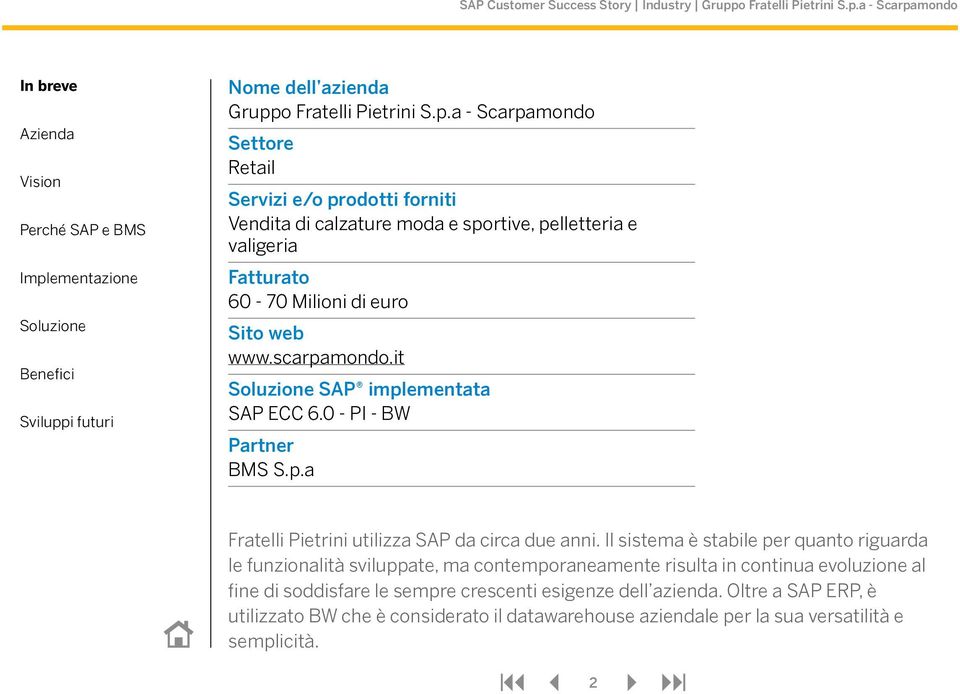 a - Scarpamondo Settore Retail Servizi e/o prodotti forniti Vendita di calzature moda e sportive, pelletteria e valigeria Fatturato 60-70 Milioni di euro Sito